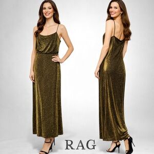 RAG Gold Shimmer Slip Dress Spaghetti Straps Side Slits Elegant Evening Sz Large